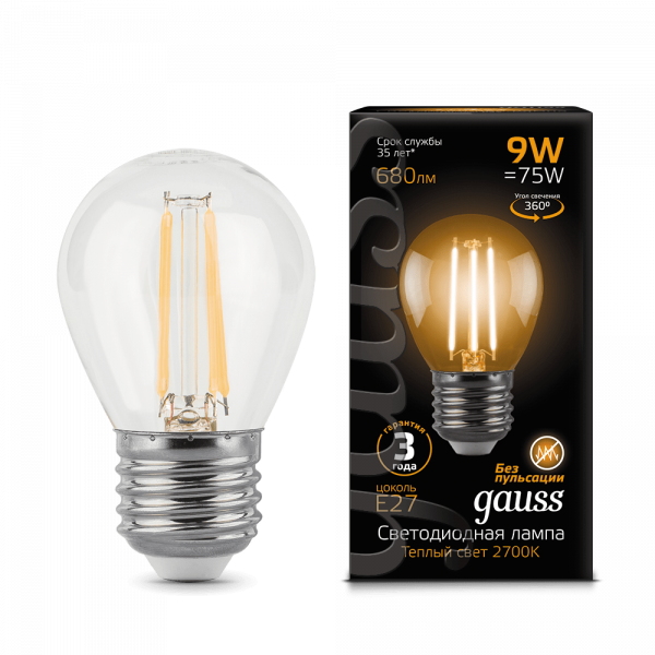 Gauss lamp E27 Black globe 9W 2700K 680Lm Filament 1/10/50
