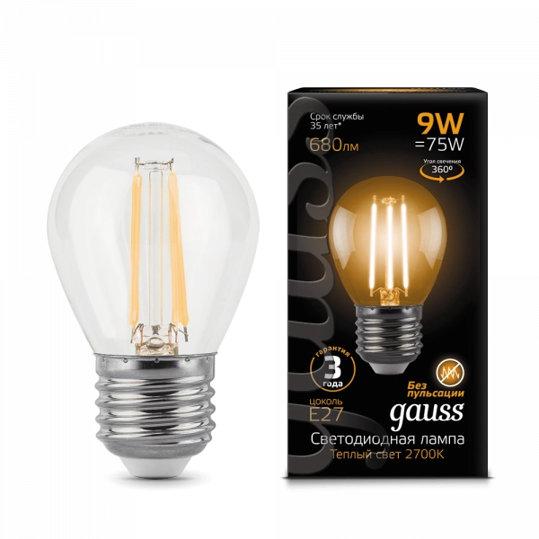 Gauss լամպ E27 Black շարիկ 9W 2700К 680Lm Filament 1/10/50