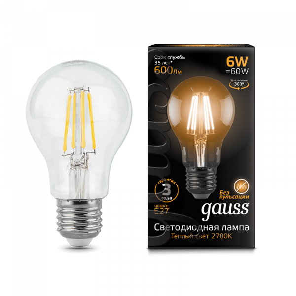 Gauss լամպ E27 Black A60 6W 2700К 600Lm Filament 1/10/40