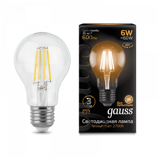 Gauss лампа E27 Black A60 6W 2700К 600Lm Филамент 1/10/40