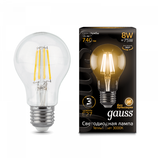 Gauss լամպ E27 Black A60 8W 2700К 740Lm Filament 1/10/40