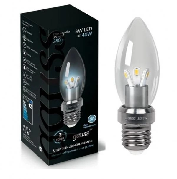 Gauss լամպ E27 Black մոմ 3W 4100K 280Lm 1/10/100