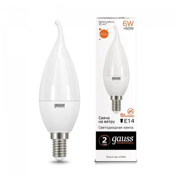 Gauss լամպ E14 Elementary մոմ (ծիծակ) 6W 3000K 420Lm 1/10/50