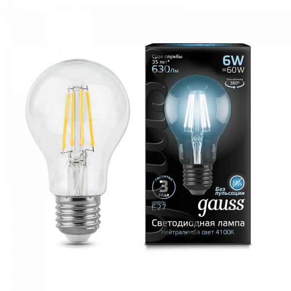 Gauss լամպ E27 Black A60 6W 4100К 630Lm Filament 1/10/40