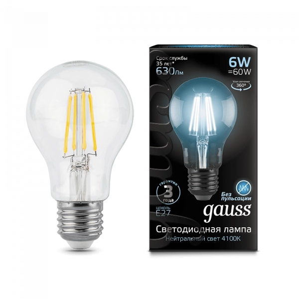 Gauss лампа E27 Black A60 6W 4100К 630Lm Филамент 1/10/40