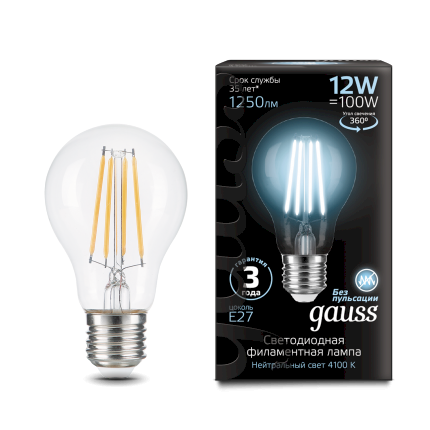Gauss լամպ E27 Black A60 12W 4100К 1250Lm Filament 1/10/40