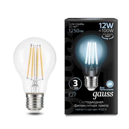 Gauss лампа E27 Black A60 12W 4100К 1250Lm Филамент 1/10/40