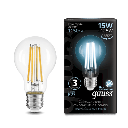 Gauss լամպ E27 Black A60 15W 4100К 1450Lm Filament 1/10/40