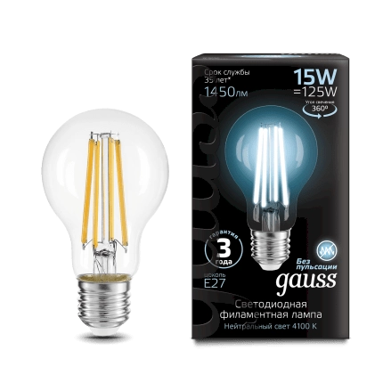 Gauss лампа E27 Black A60 15W 4100К 1450Lm Филамент 1/10/40