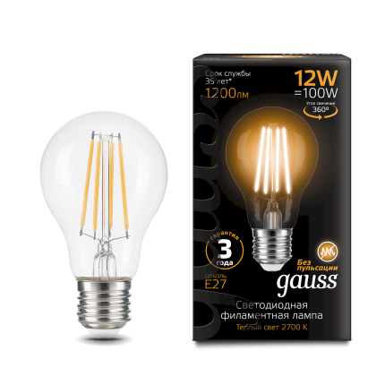 Gauss լամպ E27 Black A60 12W 2700К 1200Lm Filament 1/10/40
