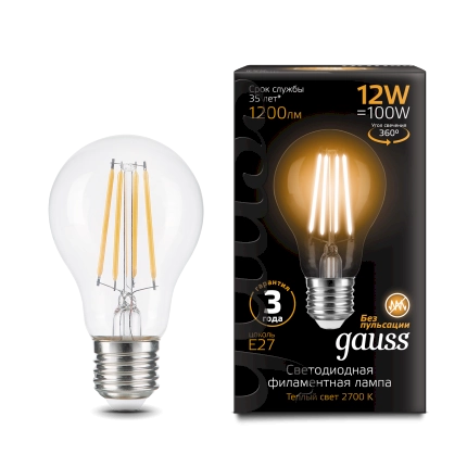 Gauss лампа E27 Black A60 12W 2700К 1200Lm Филамент 1/10/40