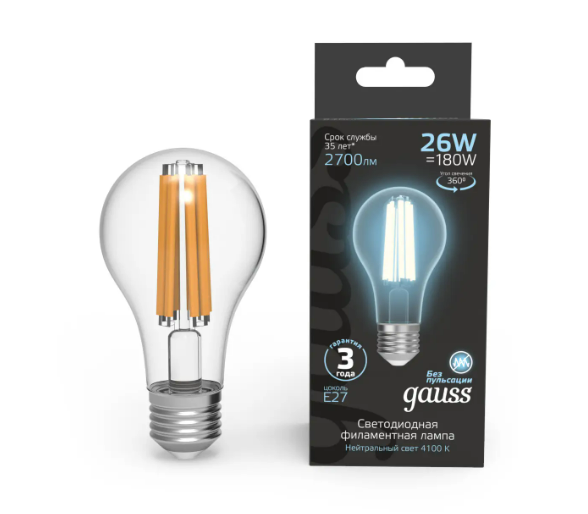 Gauss լամպ E27 Black A70 26W 4100К 2700Lm Filament 1/10/40