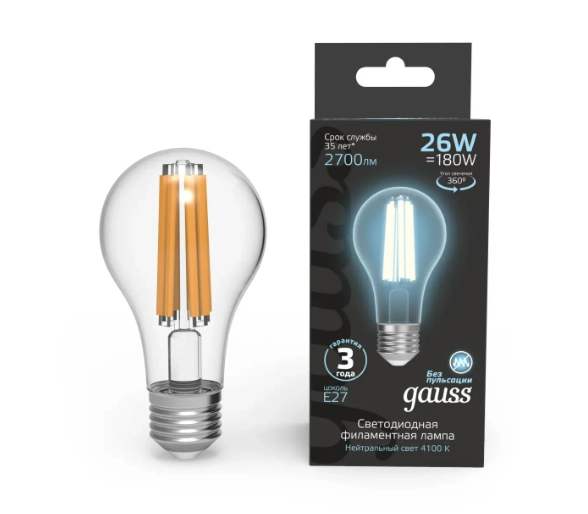Gauss лампа E27 Black A70 26W 4100К 2700Lm Филамент 1/10/40