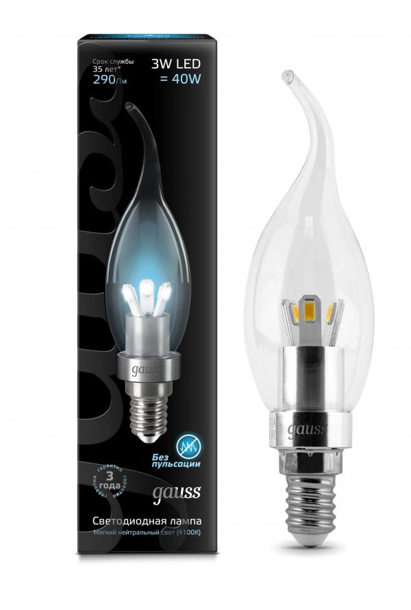 Gauss լամպ E14 Black մոմ (ծիծակ) 3W 4100K 290Lm 1/10/100