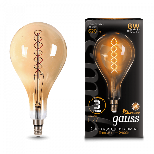Gauss лампа E27 Black A160 8W 2400K 620Lm Золотистая гибкая 1/6