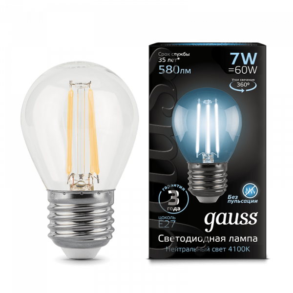 Gauss lamp E27 Black globe 7W 4100K 580Lm Filament 1/10/50