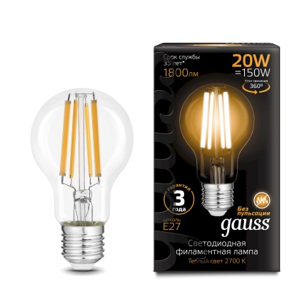 Gauss лампа E27 Black A60 20W 2700К 1800Lm Филамент 1/10/40