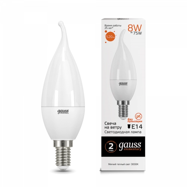 Gauss լամպ E14 Elementary մոմ (ծիծակ) 8W 3000K 520Lm 1/10/50