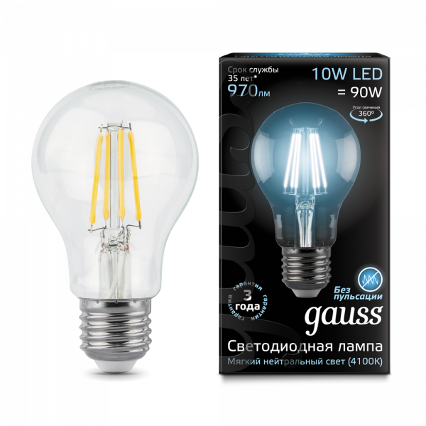 Gauss լամպ E27 Black A60 10W 4100К 970Lm Filament 1/10/40