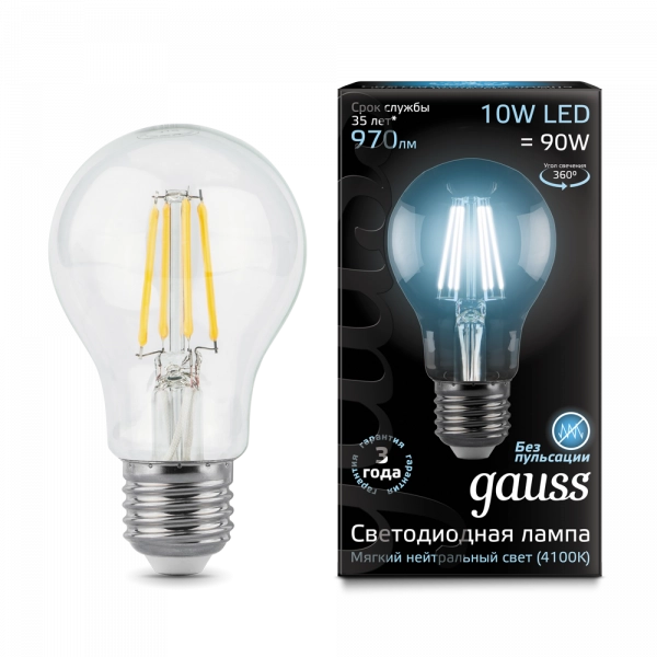 Gauss лампа E27 Black A60 10W 4100К 970Lm Филамент 1/10/40