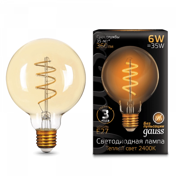 Gauss լամպ Е27 Black G95 6W 2400К 360Lm Golden ճկուն 1/10