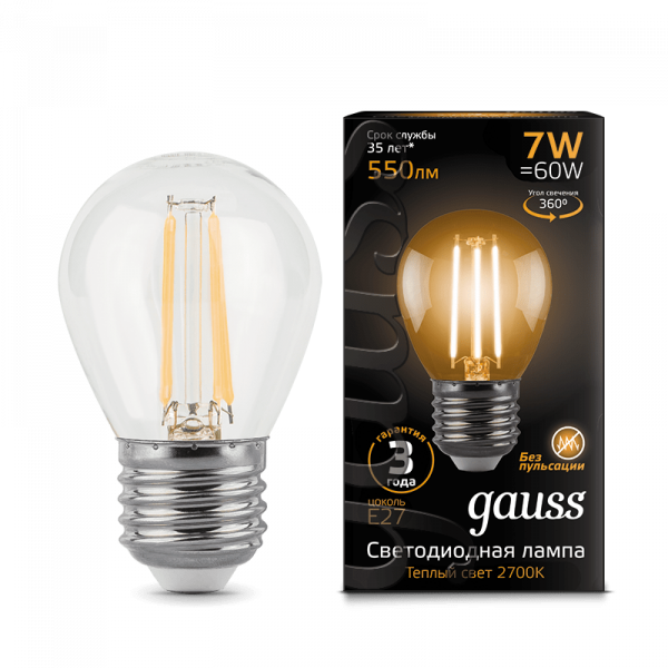 Gauss lamp E27 Black globe 7W 2700K 550Lm Filament 1/10/50