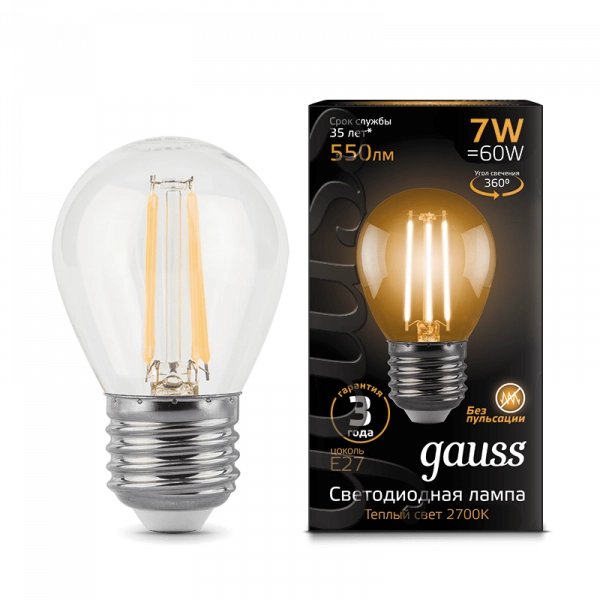 Gauss լամպ E27 Black շարիկ 7W 2700К 550Lm Filament 1/10/50