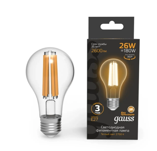 Gauss лампа E27 Black A70 26W 2700К 2600Lm Филамент 1/10/40