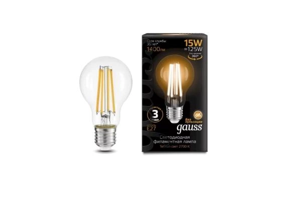 Gauss лампа E27 Black A60 15W 2700К 1400Lm Филамент 1/10/40
