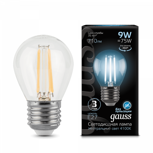 Gauss lamp E27 Black globe 9W 4100K 710Lm Filament 1/10/50