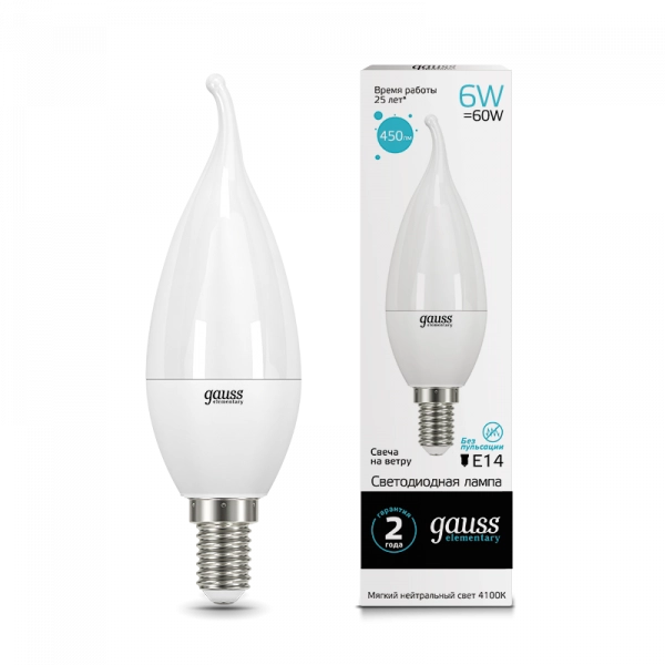 Gauss լամպ E14 Elementary մոմ (ծիծակ) 6W 4100K 450Lm 1/10/50