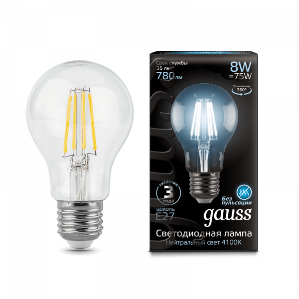 Gauss լամպ E27 Black A60 8W 4100К 780Lm Filament 1/10/40