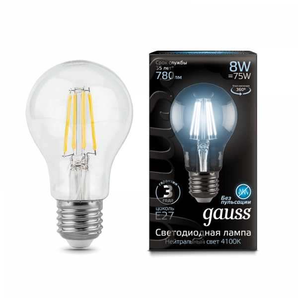 Gauss лампа E27 Black A60 8W 4100К 780Lm Филамент 1/10/40