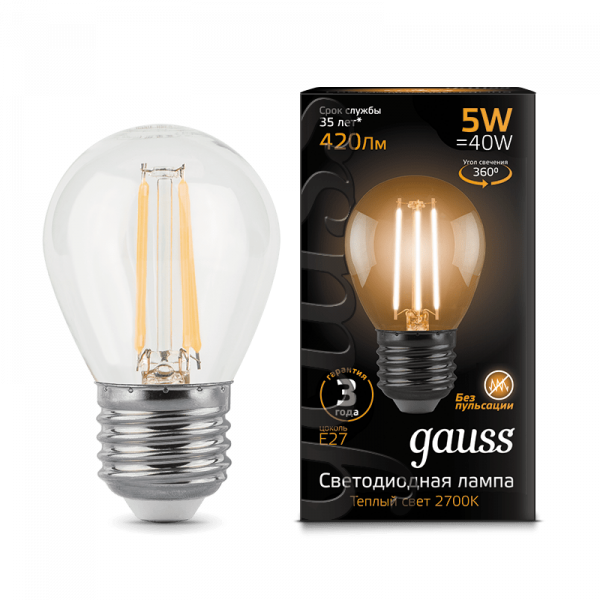 Gauss lamp E27 Black globe 5W 2700K 420Lm Filament 1/10/50