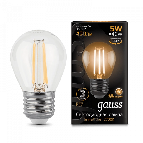 Gauss լամպ E27 Black շարիկ 5W 2700К 420Lm Filament 1/10/50
