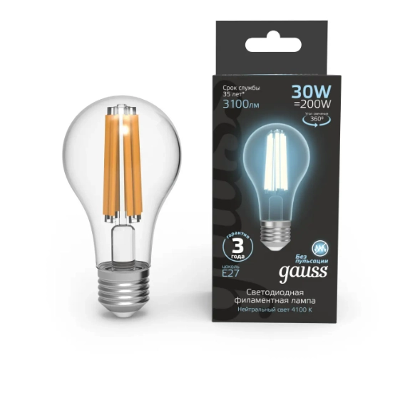 Gauss лампа E27 Black A70 30W 4100К 3100Lm Филамент 1/10/40