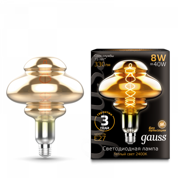 Gauss лампа E27 Black BD160 8W 2400K 330Lm Золотистая гибкая 1/6