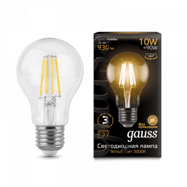 Gauss лампа E27 Black A60 10W 2700К 930Lm Филамент 1/10/40