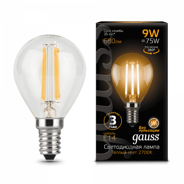 Gauss lamp E14 Black globe 9W 2700K 680Lm Filament 1/10/50