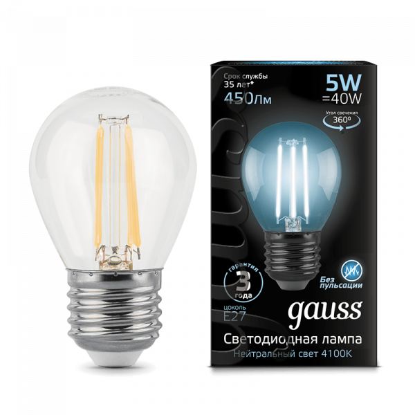Gauss lamp E27 Black globe 5W 4100K 450Lm Filament 1/10/50