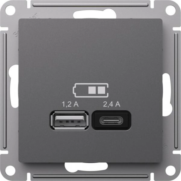 Schneider Atlas լիցքավորիչ USB-A 1․2A / USB-C 2․4A բազալտ