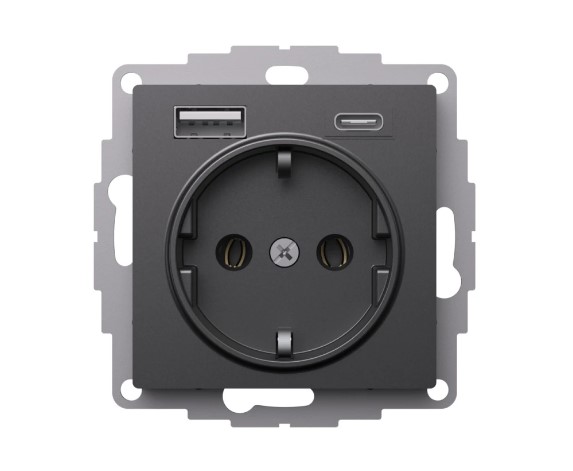 Schneider Atlas վարդակ հողանցումով 16AX / USB-A 2.4A / USB-C 3A բազալտ