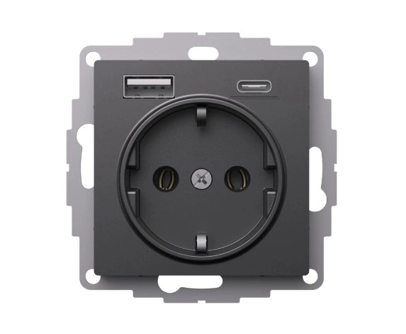 Schneider Atlas վարդակ հողանցումով 16AX / USB-A 2.4A / USB-C 3A բազալտ