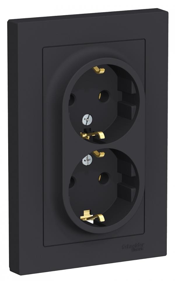 Schneider Atlas Socket with Grounding 2-gang Black