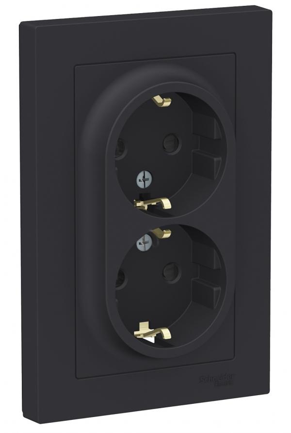 Schneider Atlas Socket with Grounding 2-gang Slide Black