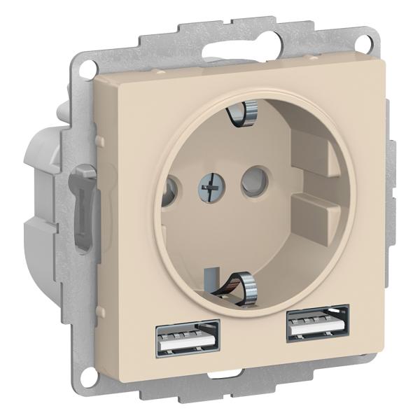 Schneider Atlas Socket with Grounding + USB 2-gang 2.4A Beige