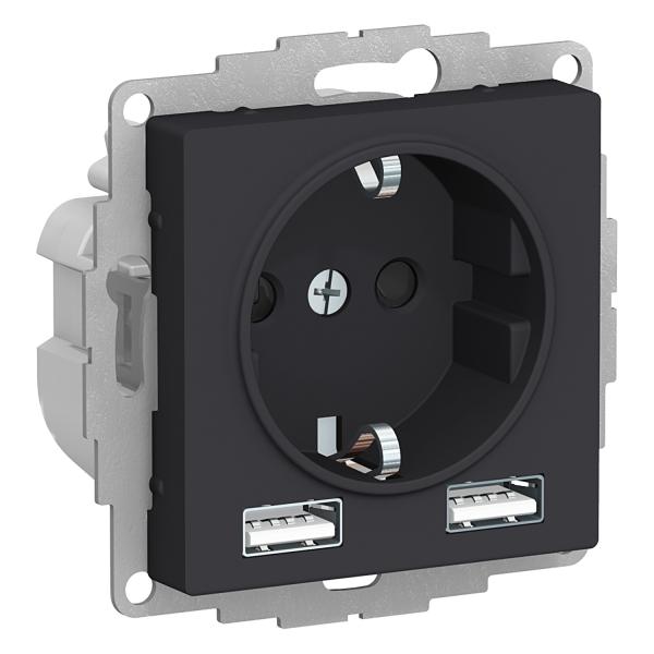 Schneider Atlas Socket with Grounding + USB 2-gang 2.4A Black