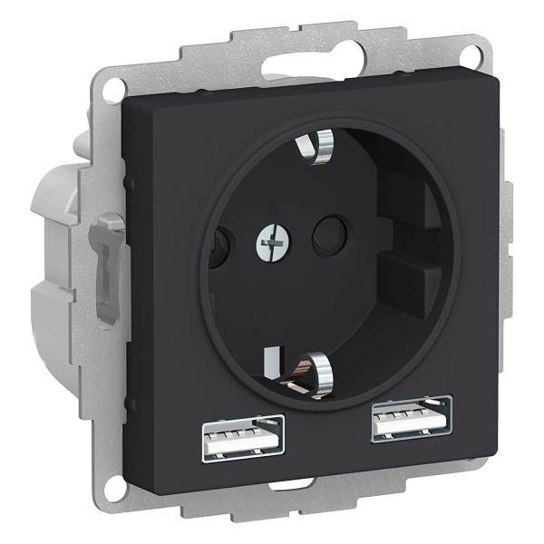 Schneider Atlas Վարդակ Հողանցումով + USB 2 Տեղ 2,4A Սև