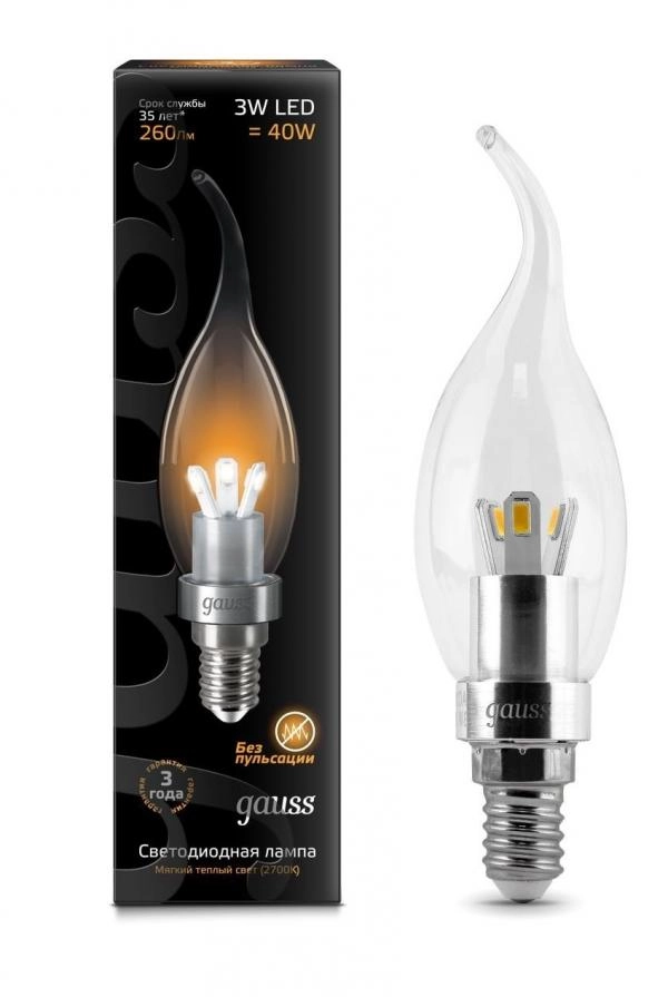 Gauss լամպ E14 Black մոմ (ծիծակ) 3W 2700K 250Lm 1/10/100