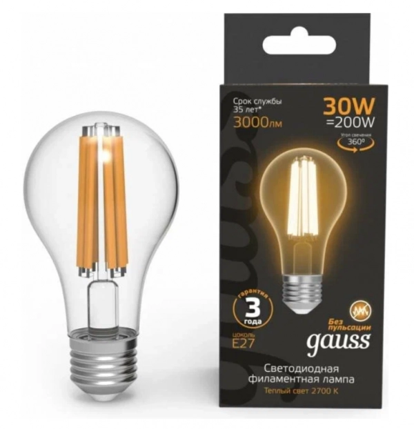 Gauss լամպ E27 Black A70 30W 2700К 3000Lm Filament 1/10/40